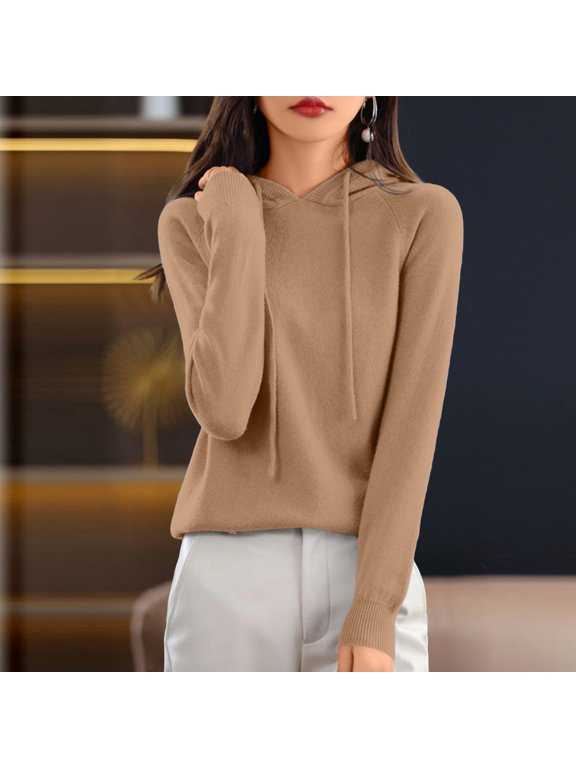 Womens Hooded Sweater Lightweight Knit Hoodie Pullover Long Sleeve Drawstring Hood Ribbed Hem Casual Fall Winter Tops Khaki S-XXL