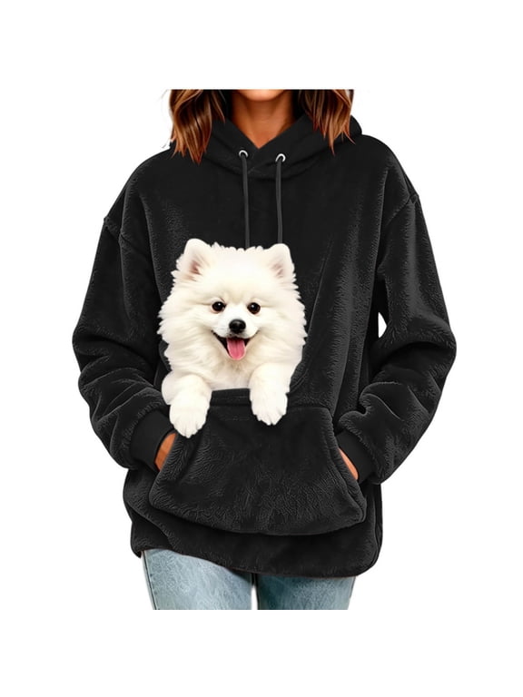 Womens Hoodies with Dog Pouch Fuzzy Fleece Kitten Cat Puppy Holder Pet Carrier Pullover Sweatshirts with Kangaroo Pocket