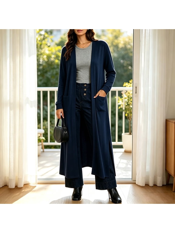 Womens Maxi Long Duster Cardigan Soft Knit Open Front Lightweight Cardigans Solid Color Casual Cardigans with Pockets