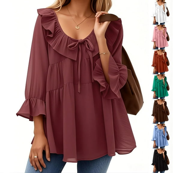 DIOAZUD Womens Scoop Neck 3/4 Length Sleeve Tops Casual Tie Front Ruffle Tiered Blouse Flowy Three Quarter Sleeve Tunic Tops Going Out Tops for Women