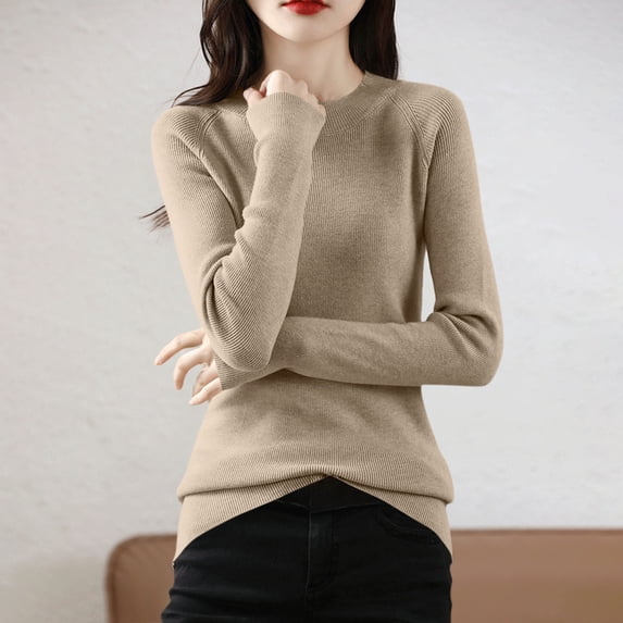 DIOAZUD Womens Slim Fit Sweater Ribbed Knit Pullover Tops Crew Neck Long Sleeve Lightweight Fitted Sweaters Basic Layer Fall Winter Khaki S-XXL