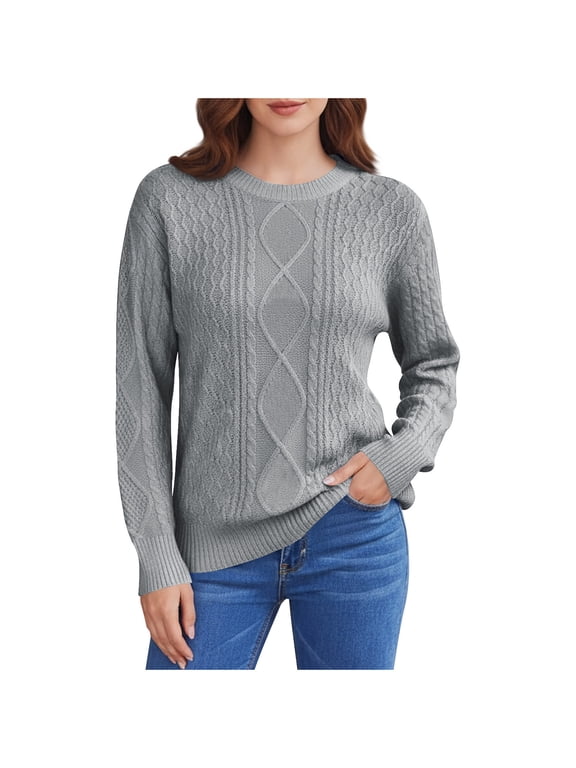 Womens Sweaters Crew Neck Cable Knit Pullover Sweaters for Women Long Sleeve Lightweight Warm Elegant Fall Ladies Tops Gray S-XXL