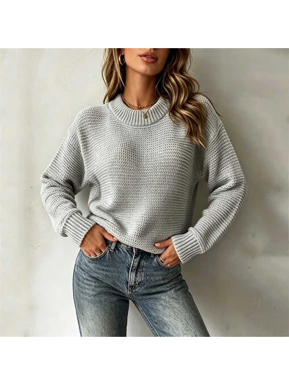 Womens Sweaters Crew Neck Waffle Knit Pullover Sweaters for Women Long Sleeve Oversized Chunky Fall Winter Ladies Tops Gray S-XXXL