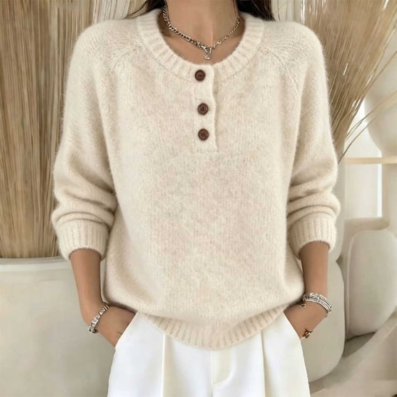 DIOAZUD Womens Sweaters Henley Neck Button up Pullover Sweaters for Women Long Sleeve Soft Fuzzy Knit Fall Winter Ladies Tops Beige S-XXXL