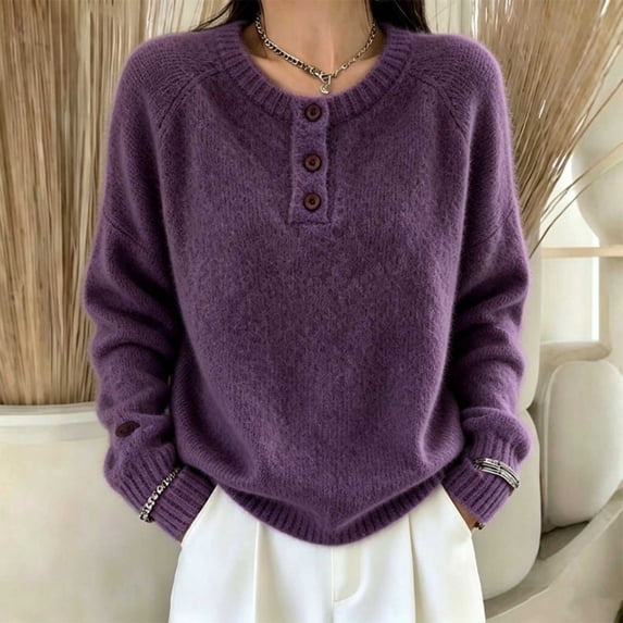 DIOAZUD Womens Sweaters Henley Neck Button up Pullover Sweaters for Women Long Sleeve Soft Fuzzy Knit Fall Winter Ladies Tops Purple S-XXXL
