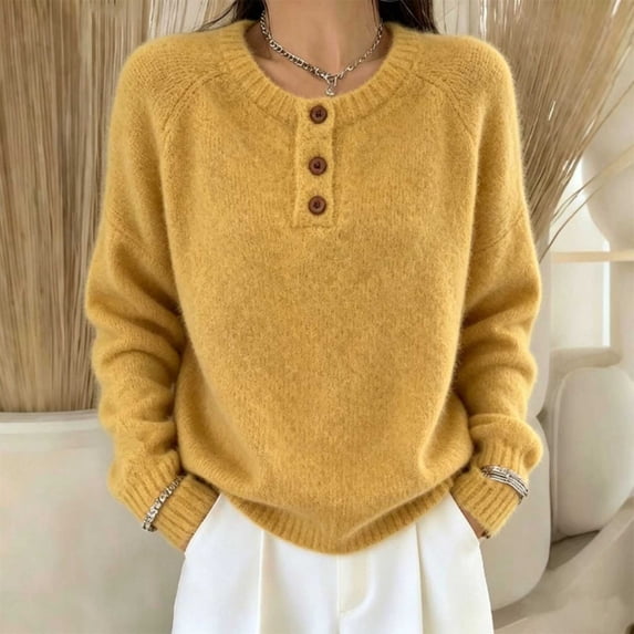 DIOAZUD Womens Sweaters Henley Neck Button up Pullover Sweaters for Women Long Sleeve Soft Fuzzy Knit Fall Winter Ladies Tops Yellow S-XXXL