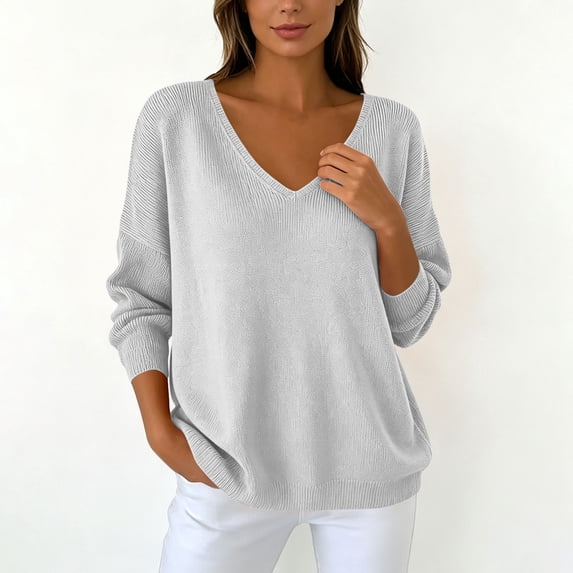DIOAZUD Womens Sweaters V Neck Oversized Pullover Sweaters for Women Long Sleeve Lightweight Ribbed Knit Loose Fall Ladies Tops Gray S-XXL