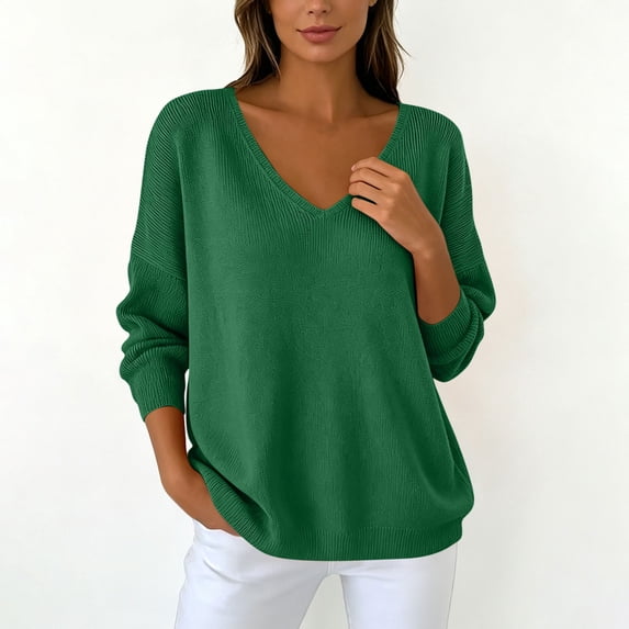 DIOAZUD Womens Sweaters V Neck Oversized Pullover Sweaters for Women Long Sleeve Lightweight Ribbed Knit Loose Fall Ladies Tops Green S-XXL