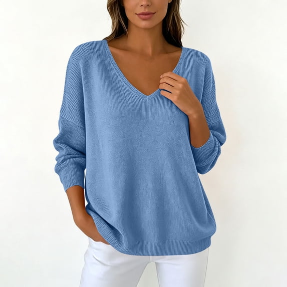 DIOAZUD Womens Sweaters V Neck Oversized Pullover Sweaters for Women Long Sleeve Lightweight Ribbed Knit Loose Fall Ladies Tops Light Blue S-XXL