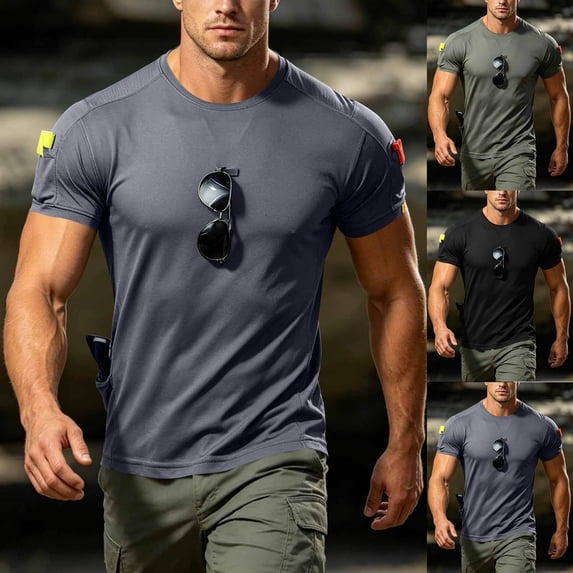 DIOAZUD Workout Shirts for Men Short Sleeve Moisture Wicking Crew Neck Side Pocket Tees Athletic Gym Active T Shirt for Daily Outdoor