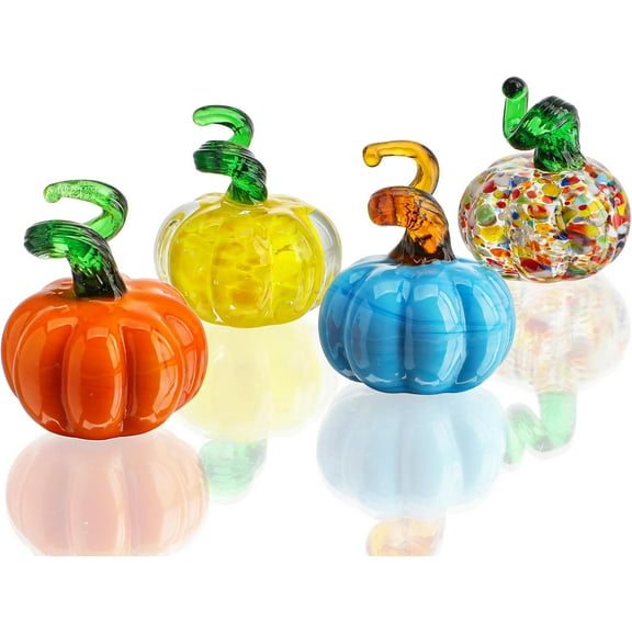 DIOKOY 4pcs Blown Glass Pumpkin Figurines Table Accent for Fall & Harvest, Mini Crystal Halloween Pumpkin Art Decorations for Home Thanksgiving