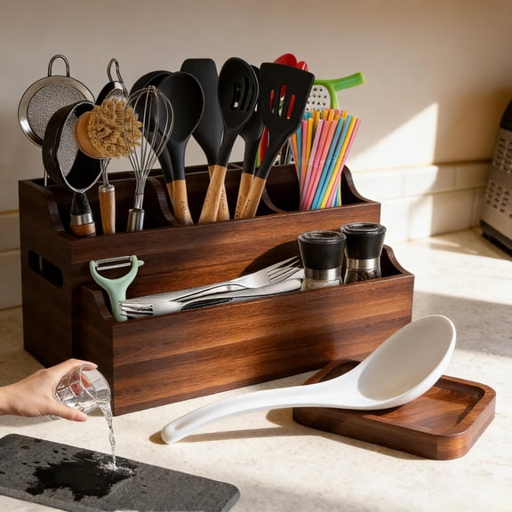 DIOLOVE 2-in-1 Large Wooden Utensil Holder for Kitchen Modular Stackable Cooking Utensil Organizer with Diatomite Absorbent Mat & Spoon Rest - Wall Mount Spatula Caddy & Silverware Storage Y101