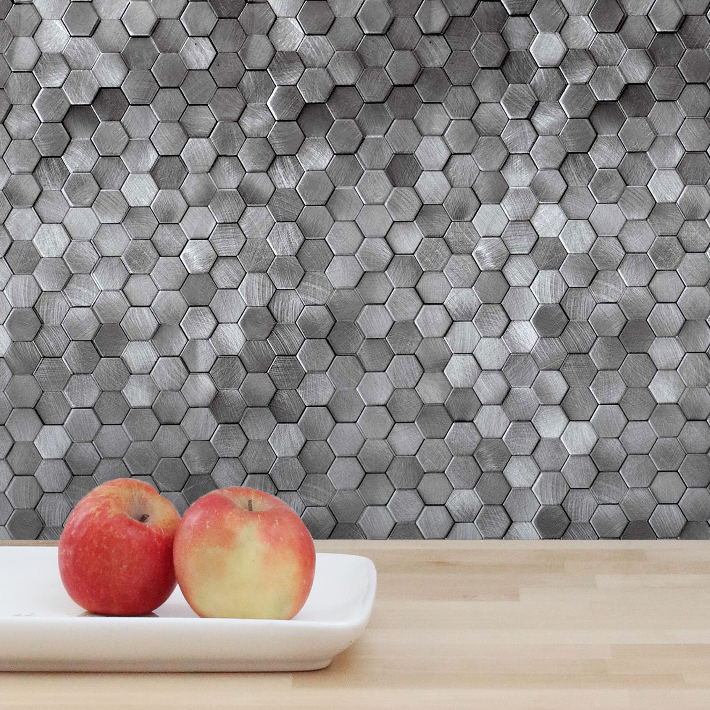 Pewter Brushed Metal Hexagon Peel and Stick Backsplash Tile