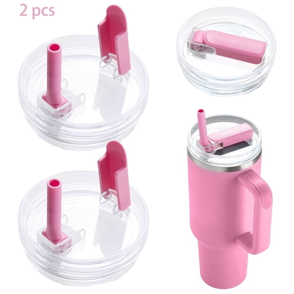DIPESI 2 pack 40 oz tumbler replacement lids with straws, spill proof sliding closure lids for stanley style tumblers, clear and pink