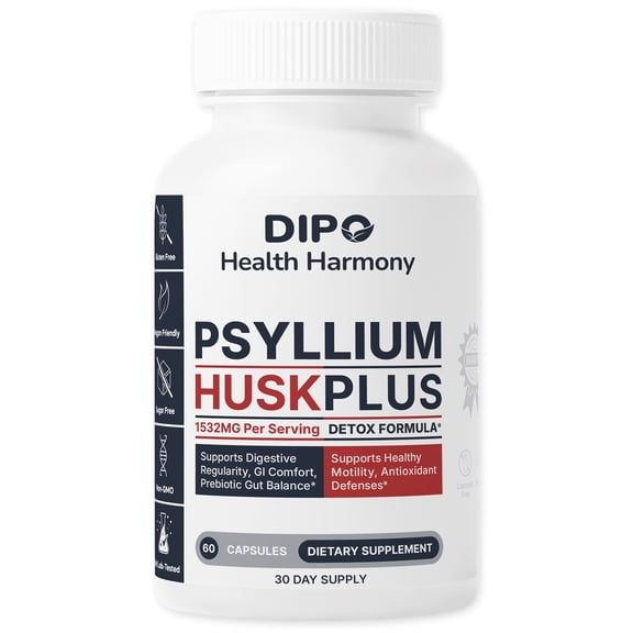 DIPO Psyllium Husk Plus, Daily Fiber Supplement, 60 Capsules