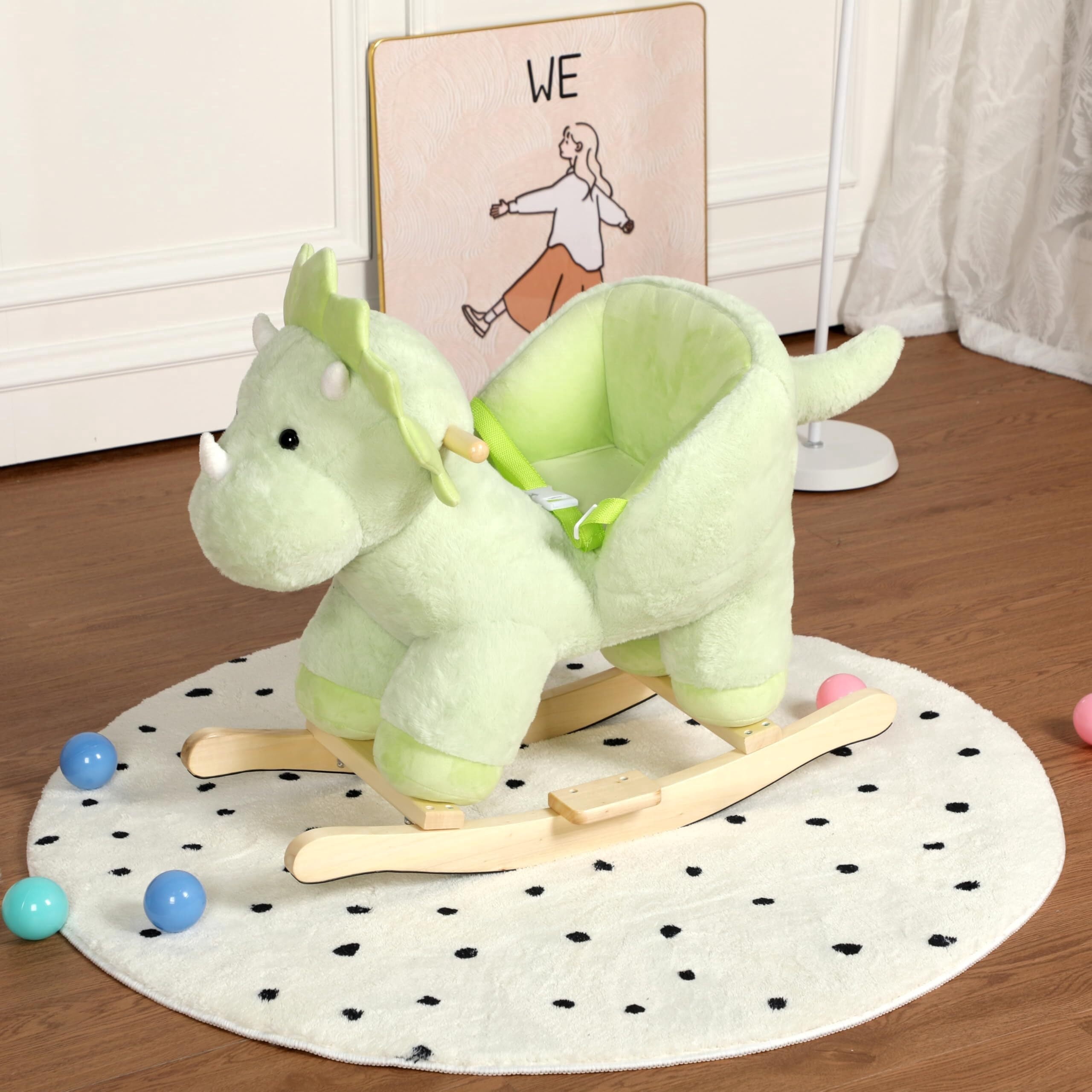 DIPU-Home Dinosaur Ride-On Rocking with Lullaby Song, Hand Puppets, Safety Belt, Plush Rocking Horse for Ages 1-3, Interactive Kids Rocker, Green