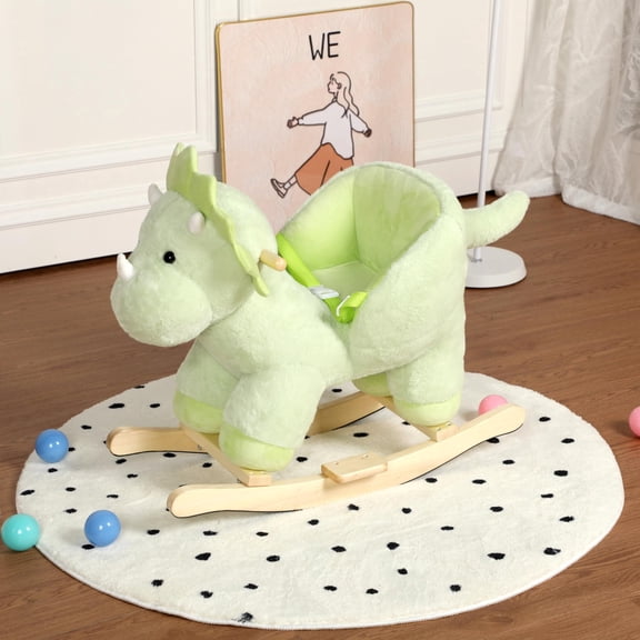 DIPU-Home Dinosaur Ride-On Rocking with Lullaby Song, Hand Puppets, Safety Belt, Plush Rocking Horse for Ages 1-3, Interactive Kids Rocker, Green