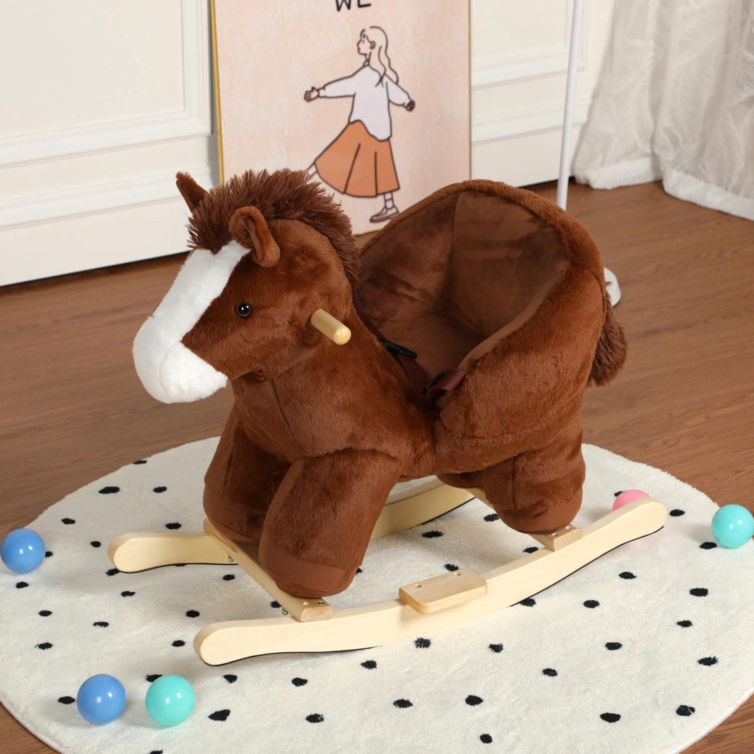 DIPU-Home Horse Ride-On Rocking with Lullaby Song, Hand Puppets, Safety Belt, Plush Rocking Horse for Ages 1-3, Interactive Kids Rocker, Brown