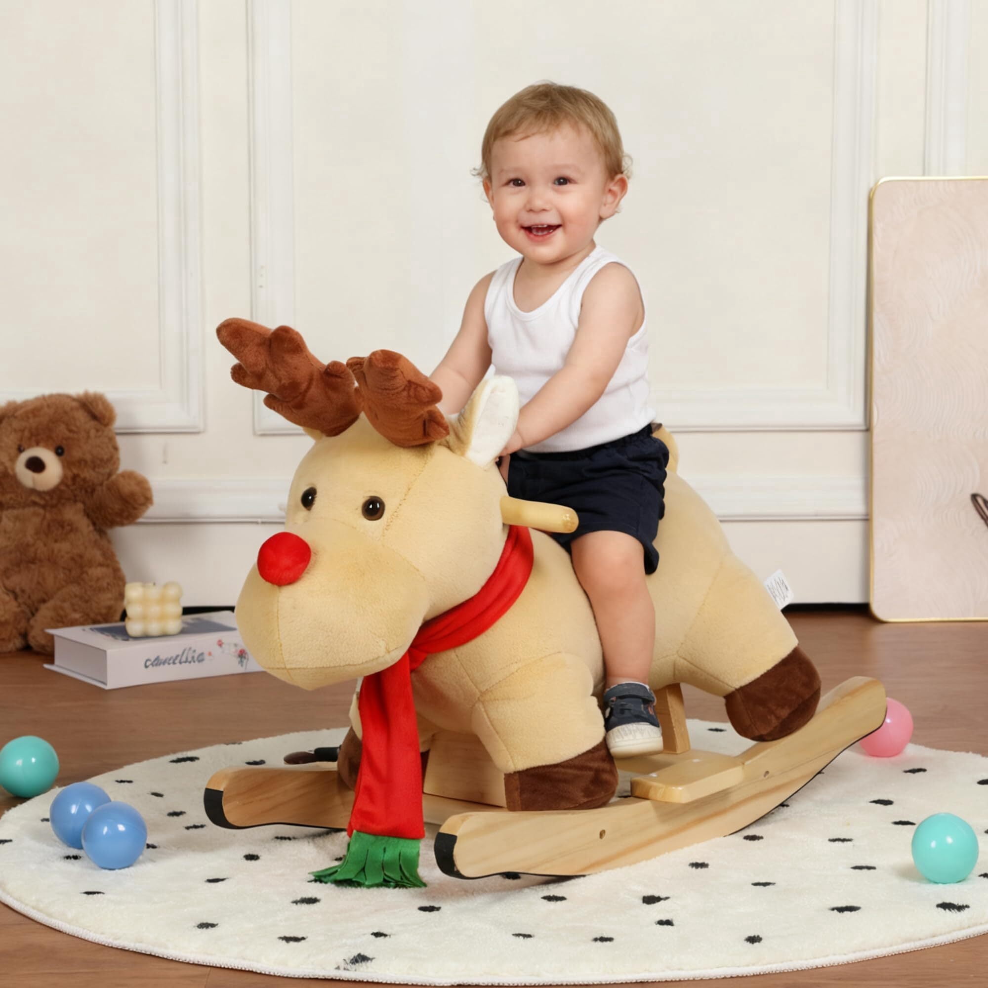 DIPU-Home Moose Ride-On Rocking with Lullaby Song, Hand Puppets, Safety Belt, Plush Rocking Horse for Ages 1-3, Interactive Kids Rocker, Apricot