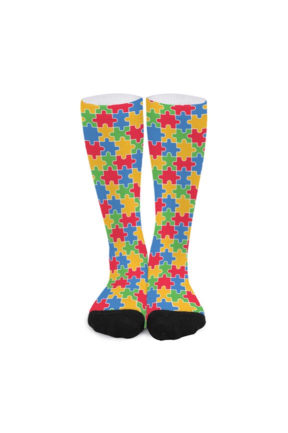 Autism Awareness Jigsaw Pattern Print Long Socks