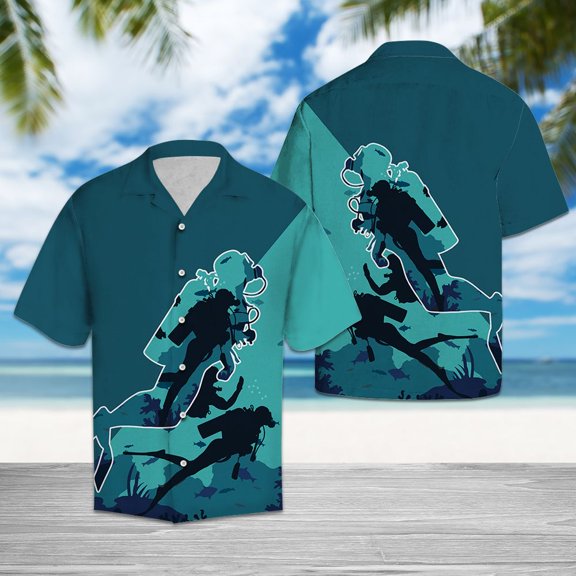 DIQADILA Awesome Scuba Diving Aloha Hawaiian Short Sleeve Button-Up Shirts for Men and Women
