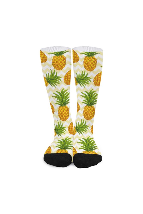 Beige Zig Zag Pineapple Pattern Print Long Socks