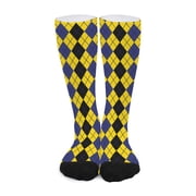 DIQADILA Black Blue and Yellow Argyle Print Long Socks