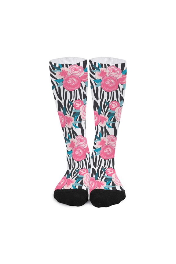 Black White Zebra Floral Pattern Print Long Socks