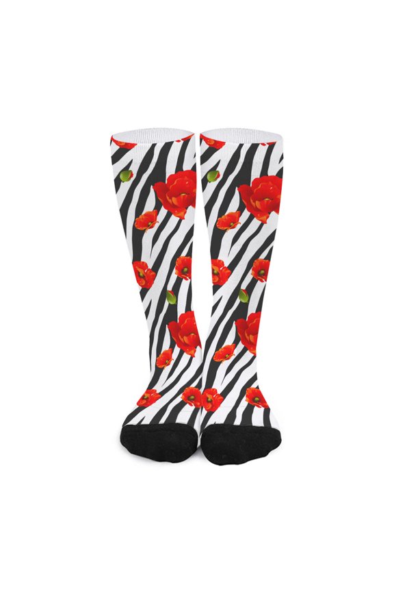 Black White Zebra Flower Pattern Print Long Socks