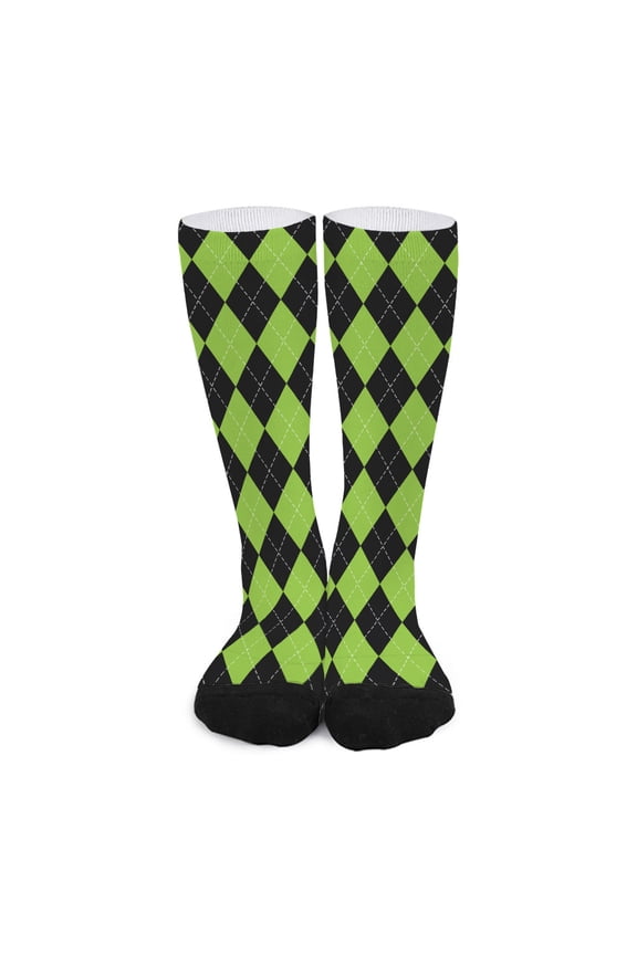 Black and Green Argyle Pattern Print Long Socks