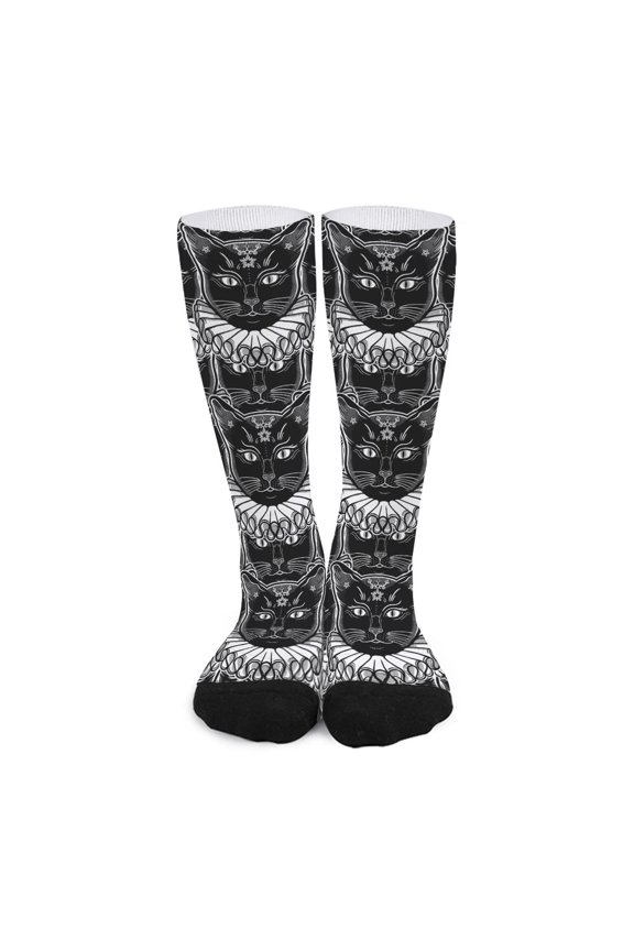 Black and White Gothic Wiccan Cat Print Long Socks