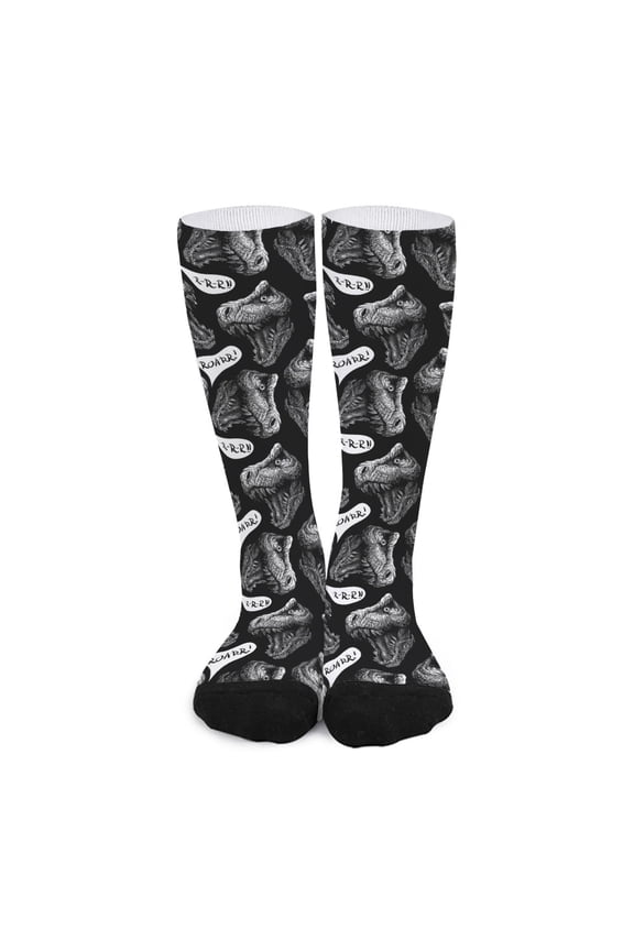 Black and White T-Rex Dinosaur Print Long Socks