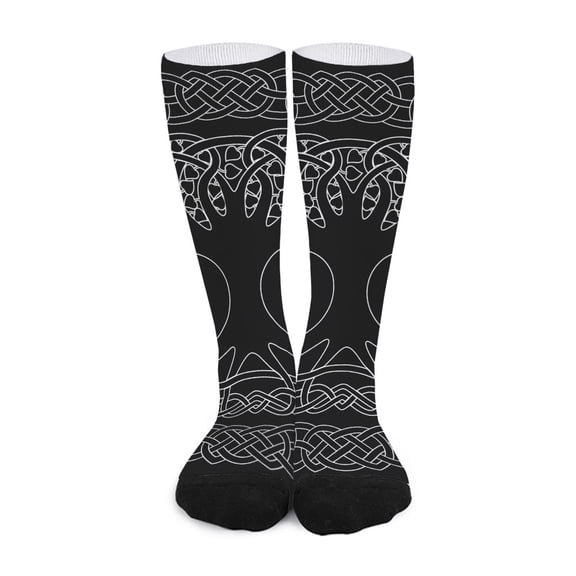 DIQADILA Black and White Viking Yggdrasil Print Long Socks