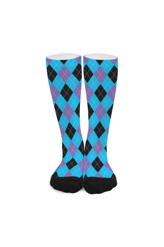 Blue Purple and Black Argyle Print Long Socks