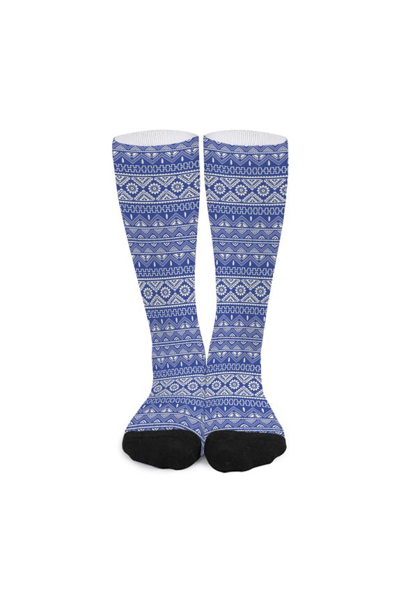 Blue and White African Pattern Print Long Socks