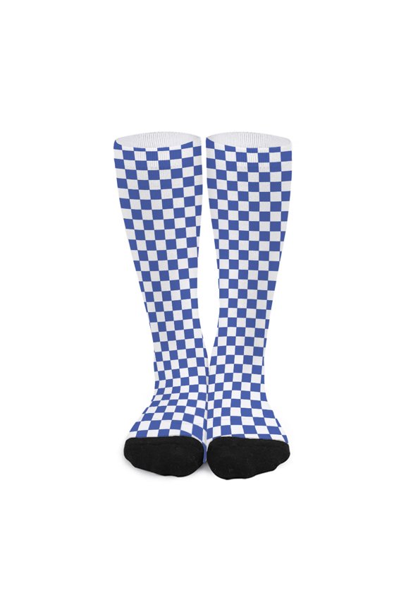 Blue and White Checkered Pattern Print Long Socks