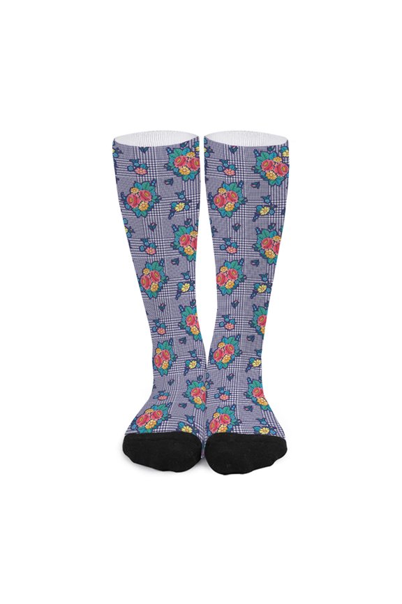 Blue and White Floral Glen Plaid Print Long Socks
