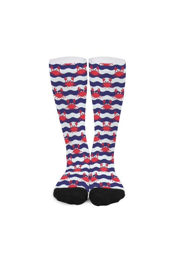 Blue and White Wave Crab Pattern Print Long Socks