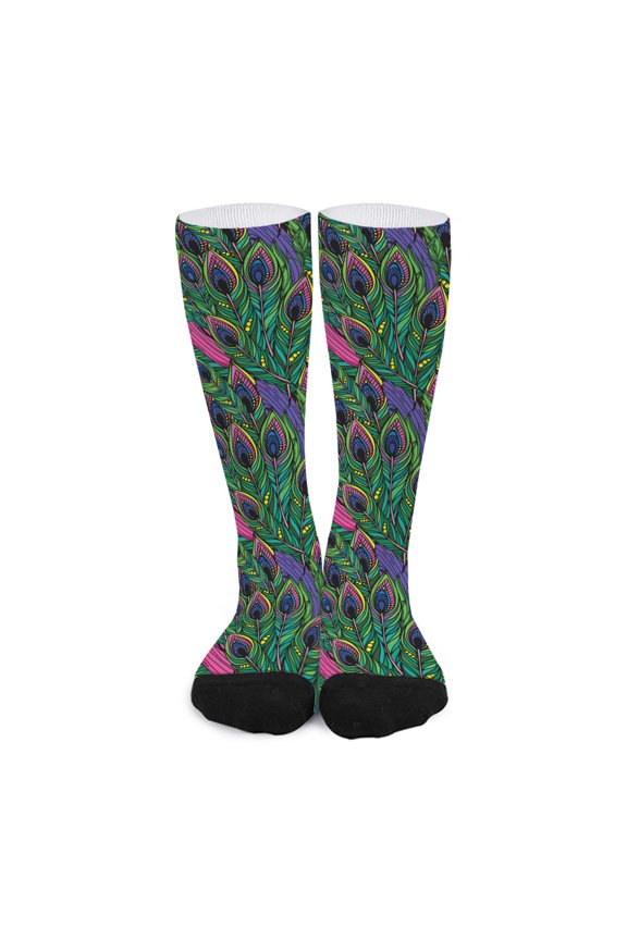 Boho Peacock Feather Pattern Print Long Socks