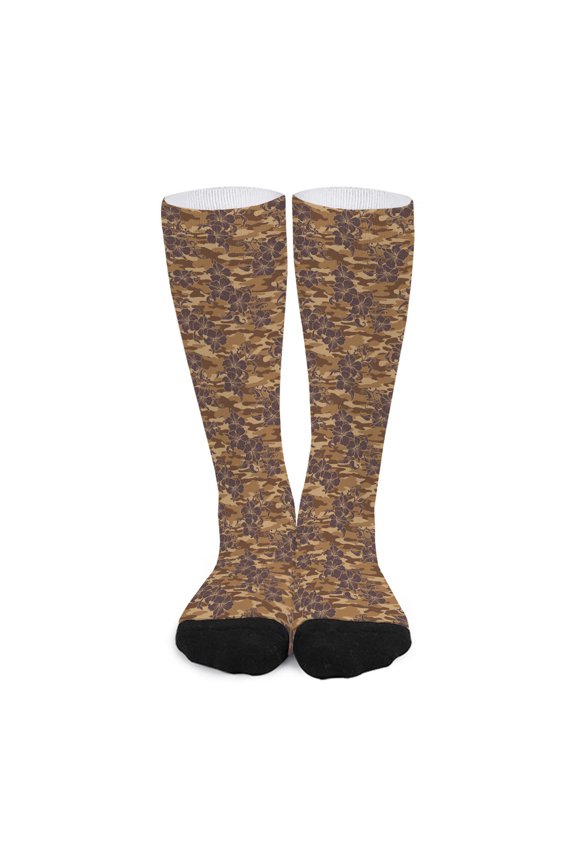 Brown Hawaiian Camo Flower Pattern Print Long Socks