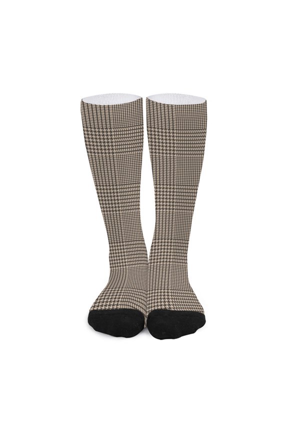 Brown and Beige Glen Plaid Print Long Socks