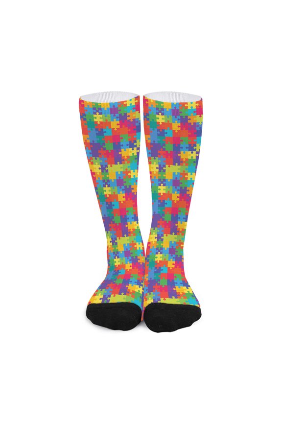 Colorful Autism Awareness Jigsaw Print Long Socks