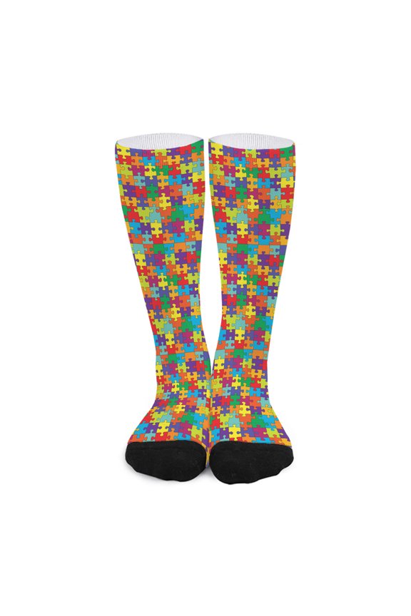 Colorful Autism Awareness Puzzle Print Long Socks