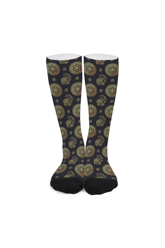 Cute Gold Boho Elephant Pattern Print Long Socks
