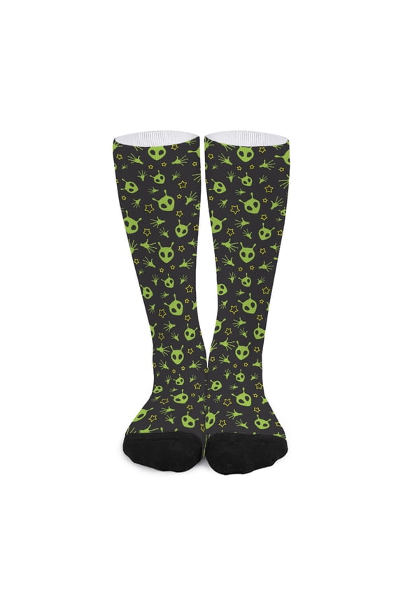 Cute Green Alien Pattern Print Long Socks