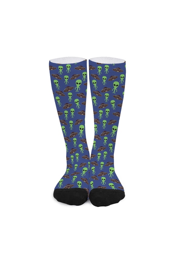 Cute Green Alien Ufo Print Long Socks