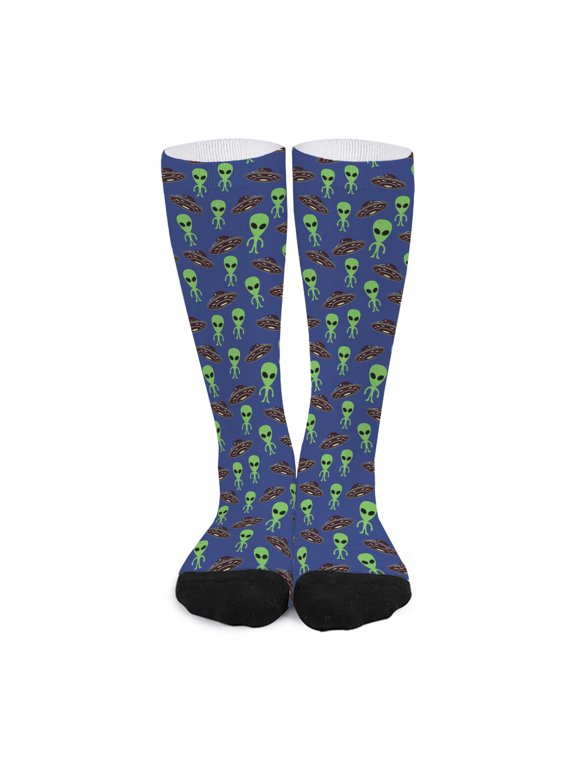 Cute Green Alien Ufo Print Long Socks