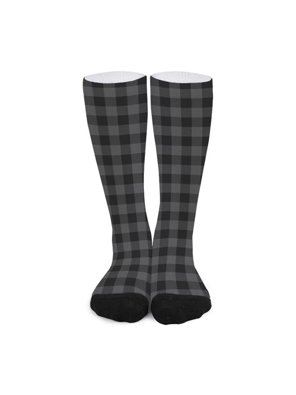 Dark Grey and Black Buffalo Check Print Long Socks