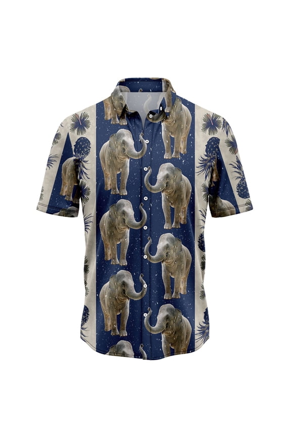 Elephant Pineapple Hibiscus Pattern Aloha Hawaiian Short Sleeve Button-Up Shirt