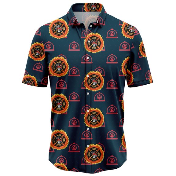 DIQADILA Firefighter Pattern Aloha Hawaiian Short Sleeve Button-Up Shirt